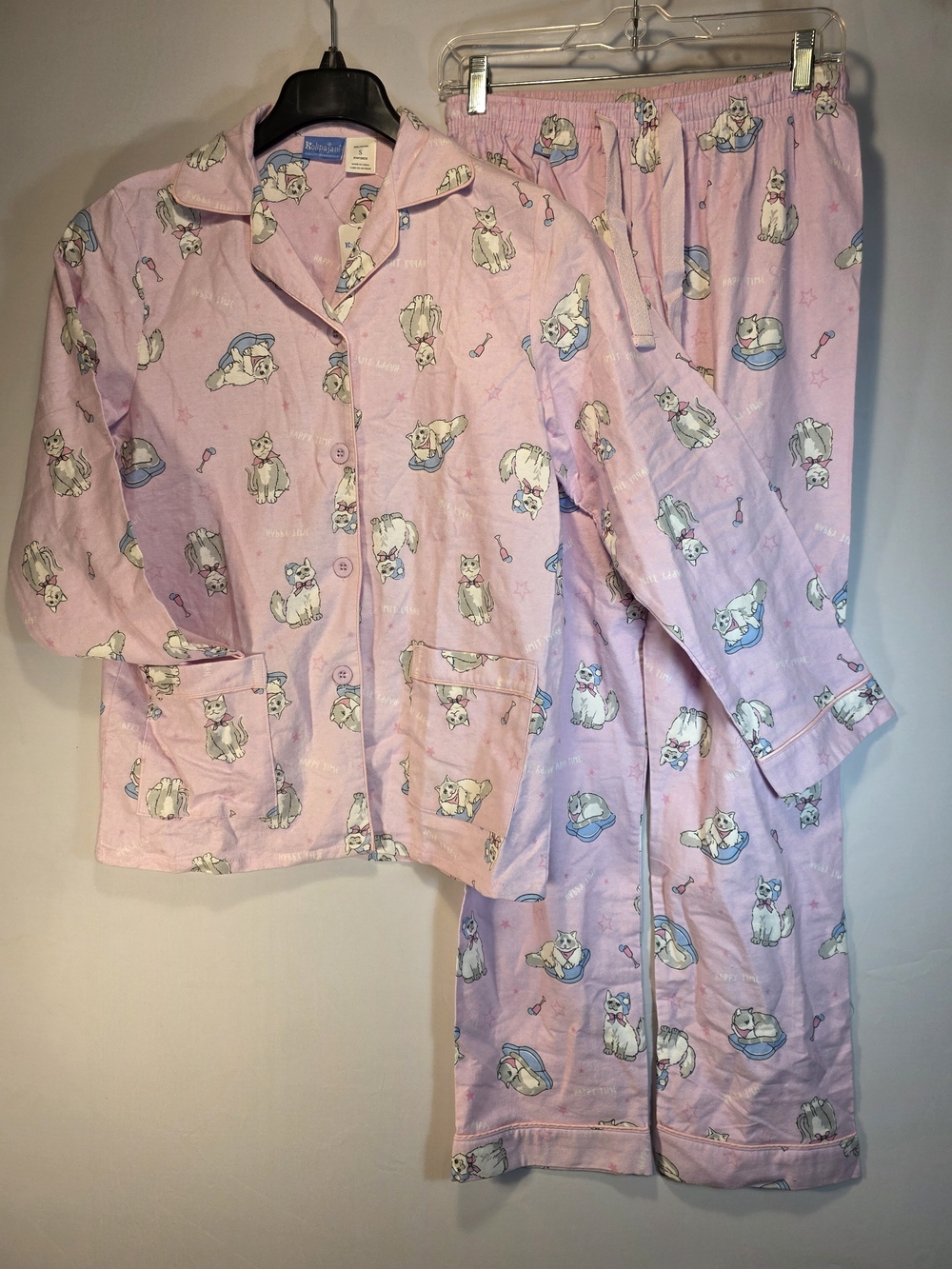 NWT Kolipajams Womens Flannel Pajamas 2 Pc Set Size Small Pink W/Kittens Cats